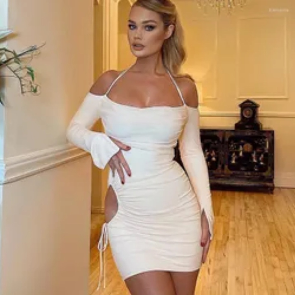 OH POLLY Liana Beige Cowlneck Long Sleeve Cut Out Ruched Dress